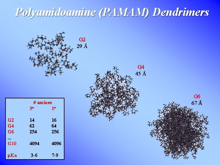 Polyamidoamine (PAMAM) Dendrimers G 2 29 Å G 4 45 Å # amines 1