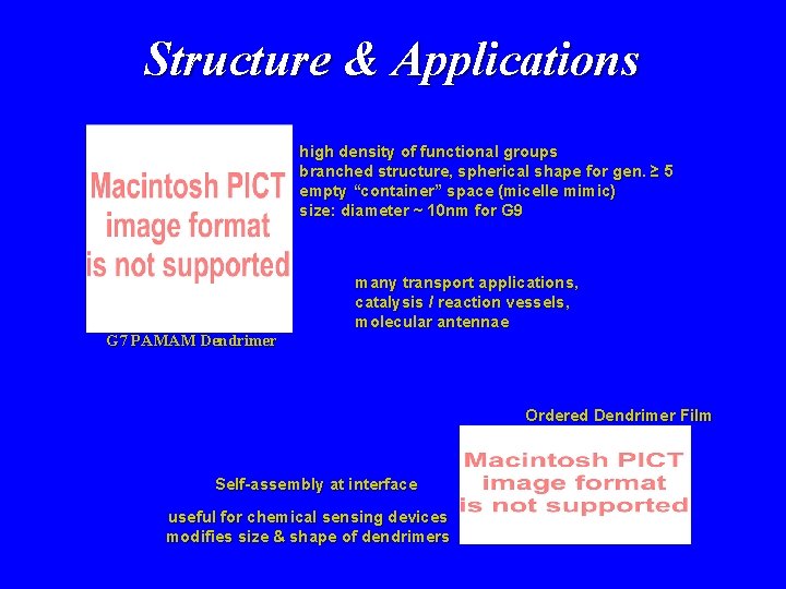 Structure & Applications high density of functional groups branched structure, spherical shape for gen.