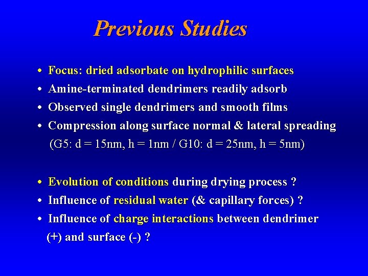 Previous Studies • • Focus: dried adsorbate on hydrophilic surfaces Amine-terminated dendrimers readily adsorb