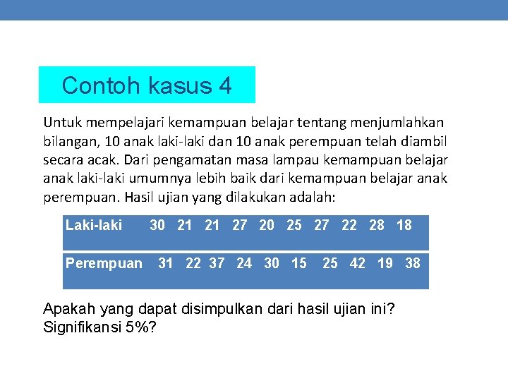 Contoh kasus 4 Untuk mempelajari kemampuan belajar tentang menjumlahkan bilangan, 10 anak laki-laki dan