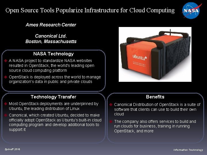 Open Source Tools Popularize Infrastructure for Cloud Computing Ames Research Center Canonical Ltd. Boston,