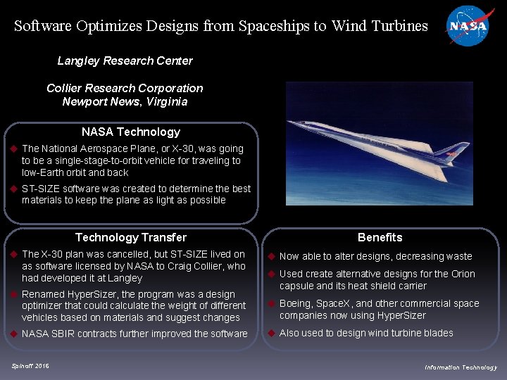 Software Optimizes Designs from Spaceships to Wind Turbines Langley Research Center Collier Research Corporation