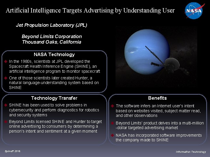 Artificial Intelligence Targets Advertising by Understanding User Jet Propulsion Laboratory (JPL) Beyond Limits Corporation
