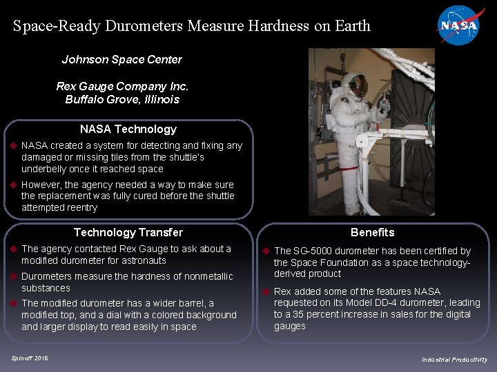 Space-Ready Durometers Measure Hardness on Earth Johnson Space Center Rex Gauge Company Inc. Buffalo