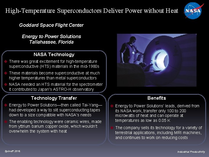 High-Temperature Superconductors Deliver Power without Heat Goddard Space Flight Center Energy to Power Solutions