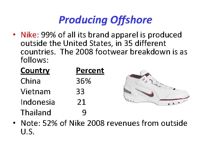 Producing Offshore • Nike: 99% of all its brand apparel is produced outside the