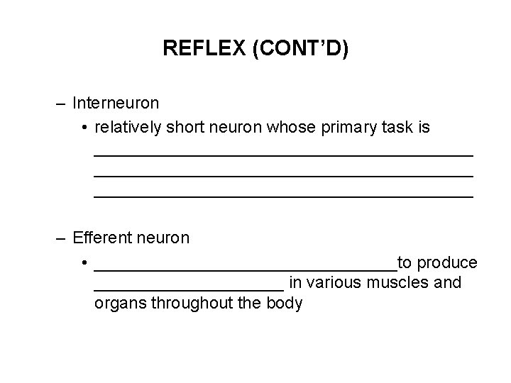 REFLEX (CONT’D) – Interneuron • relatively short neuron whose primary task is ________________________________________ –