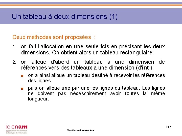 Un tableau à deux dimensions (1) Deux méthodes sont proposées : 1. on fait