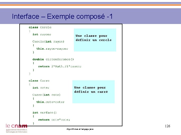 Interface – Exemple composé -1 Une classe pour définir un cercle Une classe pour