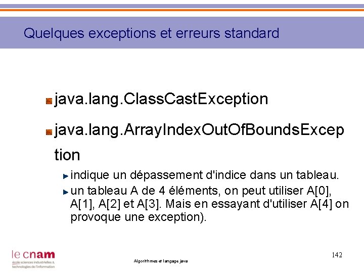 Quelques exceptions et erreurs standard java. lang. Class. Cast. Exception java. lang. Array. Index.