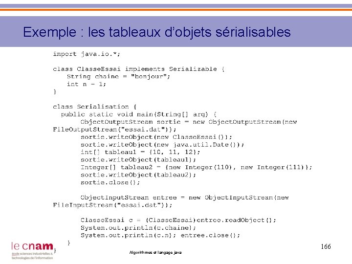 Exemple : les tableaux d’objets sérialisables 166 Algorithmes et langage java 