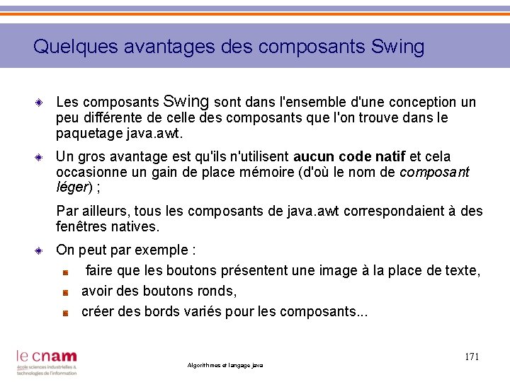 Quelques avantages des composants Swing Les composants Swing sont dans l'ensemble d'une conception un