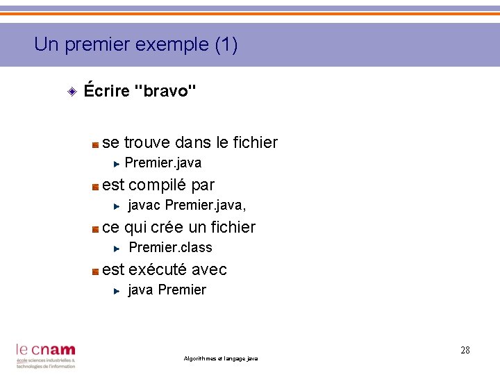 Un premier exemple (1) Écrire "bravo" se trouve dans le fichier Premier. java est
