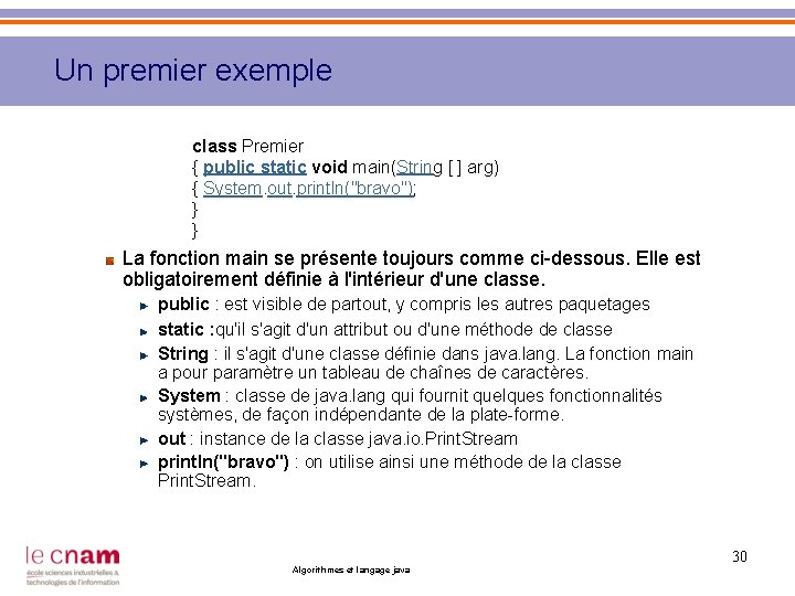 Un premier exemple class Premier { public static void main(String [ ] arg) {