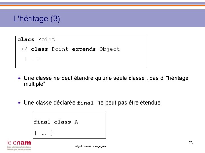 L'héritage (3) class Point // class Point extends Object { … } Une classe