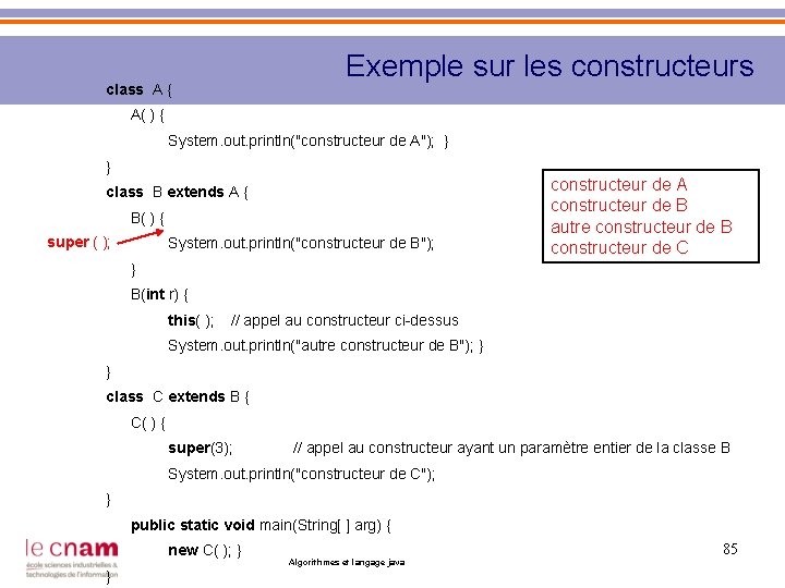  Exemple sur les constructeurs class A { A( ) { System. out. println("constructeur