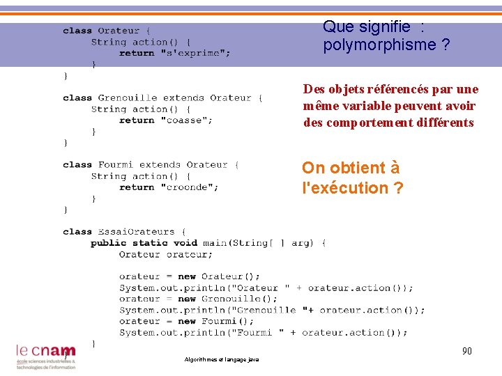 Que signifie : polymorphisme ? Des objets référencés par une même variable peuvent avoir