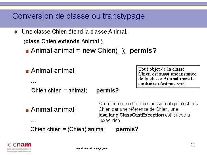 Conversion de classe ou transtypage Une classe Chien étend la classe Animal. (class Chien