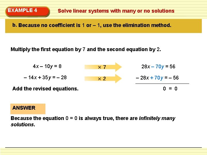 EXAMPLE 4 Solve linear systems with many or no solutions b. Because no coefficient EXAMPLE 4 Solve linear systems with many or no solutions b. Because no coefficient