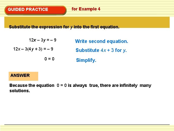 GUIDED PRACTICE for Example 4 Substitute the expression for y into the first equation. GUIDED PRACTICE for Example 4 Substitute the expression for y into the first equation.