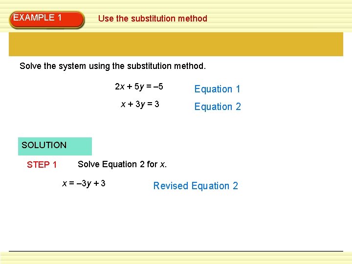 EXAMPLE 1 Use the substitution method Solve the system using the substitution method. 2 EXAMPLE 1 Use the substitution method Solve the system using the substitution method. 2