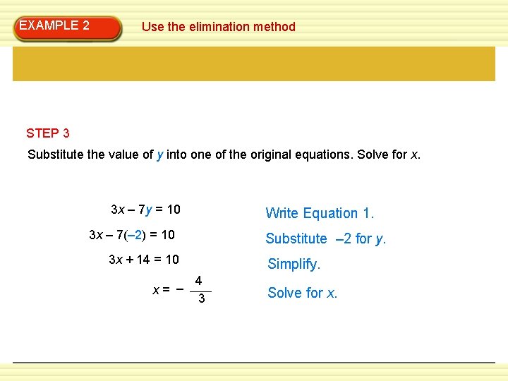 EXAMPLE 2 Use the elimination method STEP 3 Substitute the value of y into EXAMPLE 2 Use the elimination method STEP 3 Substitute the value of y into