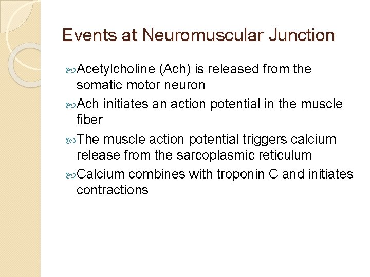 Events at Neuromuscular Junction Acetylcholine (Ach) is released from the somatic motor neuron Ach