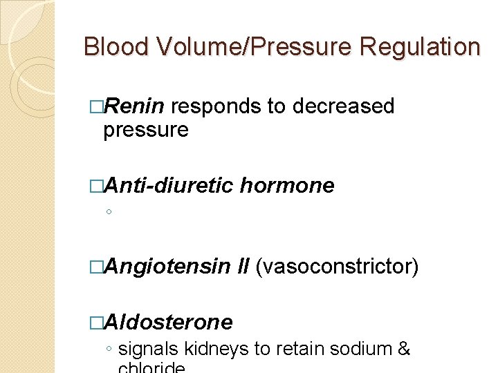 Blood Volume/Pressure Regulation �Renin responds to decreased pressure �Anti-diuretic hormone ◦ �Angiotensin II (vasoconstrictor)