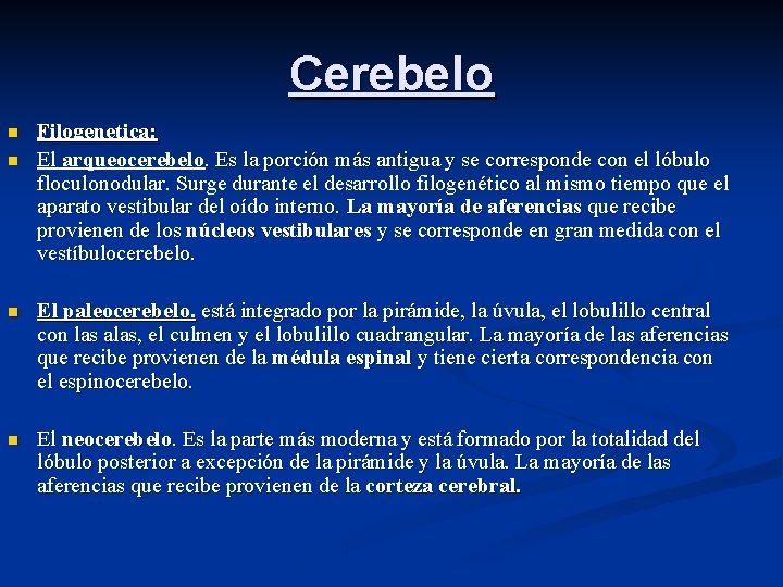 Cerebelo n n Filogenetica: El arqueocerebelo. Es la porción más antigua y se corresponde