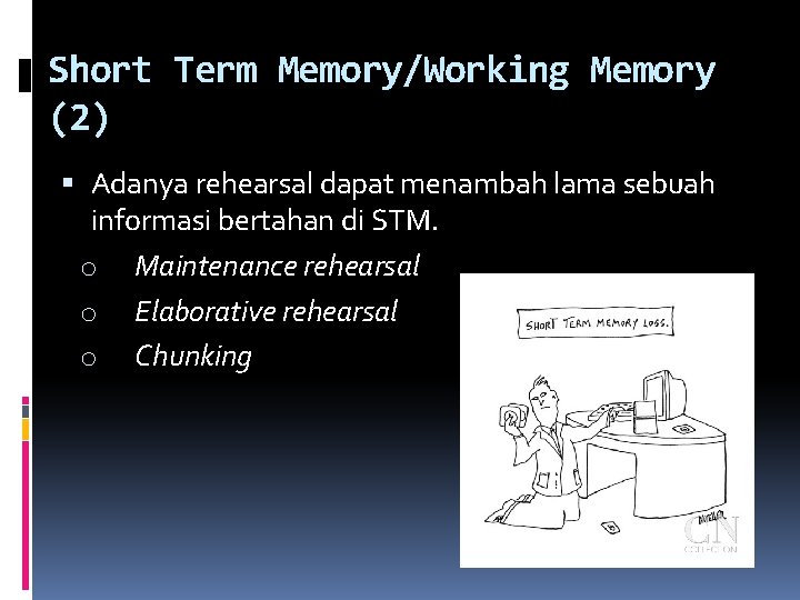 Short Term Memory/Working Memory (2) Adanya rehearsal dapat menambah lama sebuah informasi bertahan di