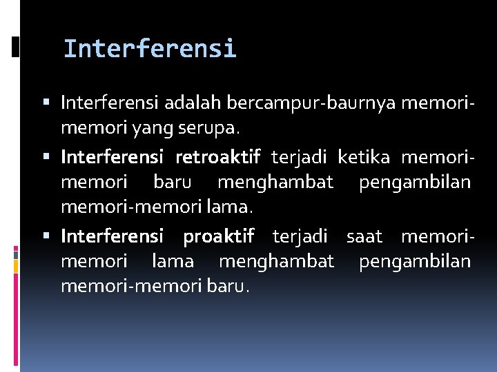 Interferensi adalah bercampur-baurnya memori yang serupa. Interferensi retroaktif terjadi ketika memori baru menghambat pengambilan