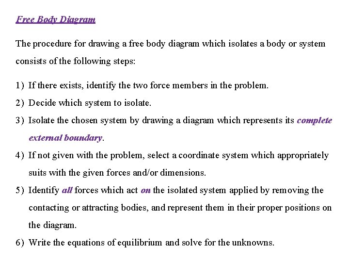 Free Body Diagram The procedure for drawing a free body diagram which isolates a