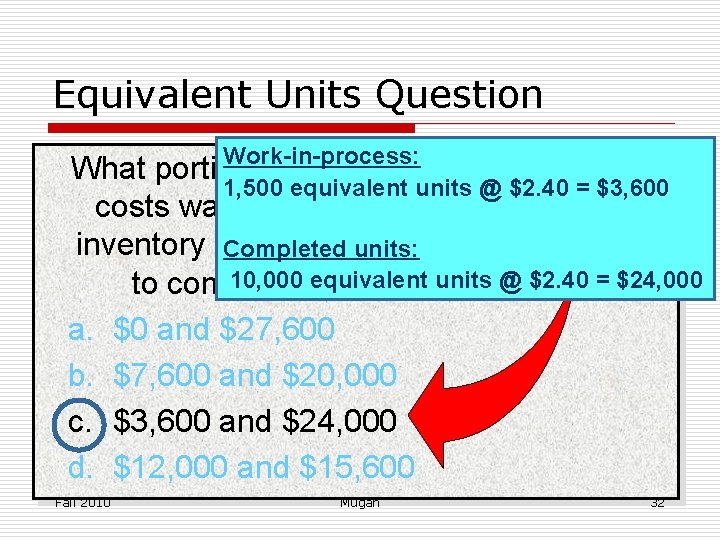 Equivalent Units Question Work-in-process: What portion of the $27, 600 in production 1, 500