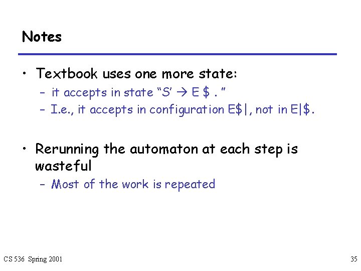 Notes • Textbook uses one more state: – it accepts in state “S’ E