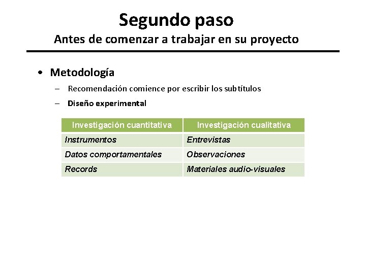 Segundo paso Antes de comenzar a trabajar en su proyecto • Metodología – Recomendación