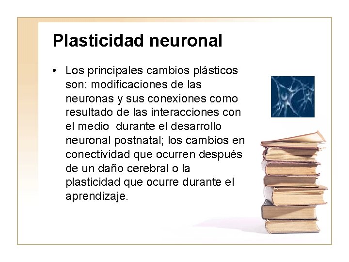 Plasticidad neuronal • Los principales cambios plásticos son: modificaciones de las neuronas y sus