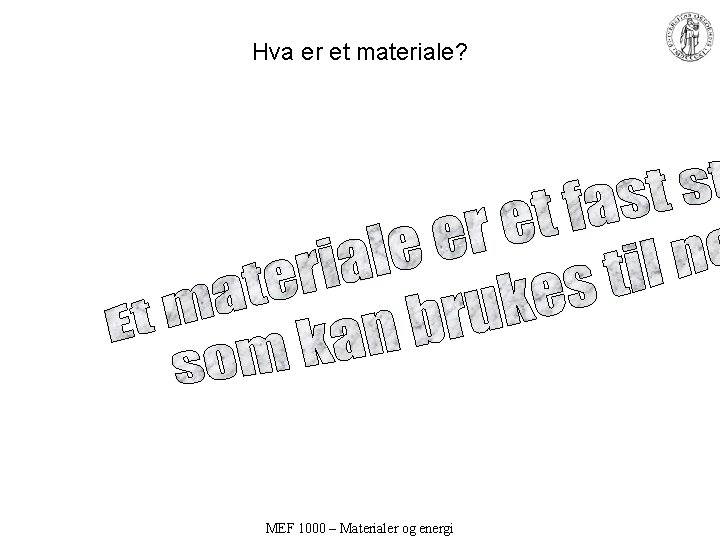 Hva er et materiale? MEF 1000 – Materialer og energi 