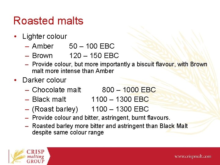 Roasted malts • Lighter colour – Amber 50 – 100 EBC – Brown 120
