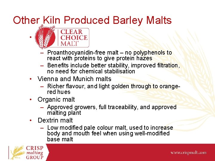 Other Kiln Produced Barley Malts • – Proanthocyanidin-free malt – no polyphenols to react