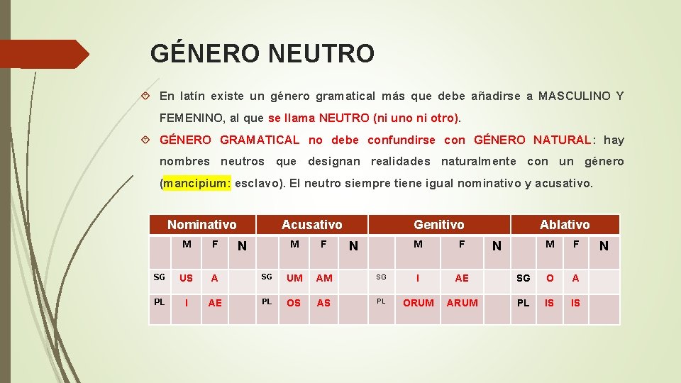 GÉNERO NEUTRO En latín existe un género gramatical más que debe añadirse a MASCULINO