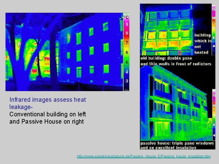 Infrared images assess heat leakage. Conventional building on left and Passive House on right