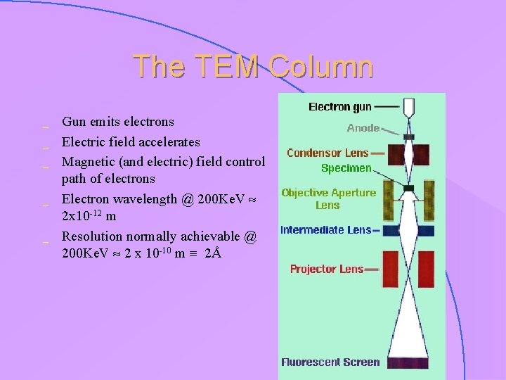 The TEM Column _ _ _ Gun emits electrons Electric field accelerates Magnetic (and