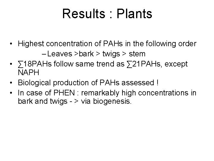 Results : Plants • Highest concentration of PAHs in the following order – Leaves