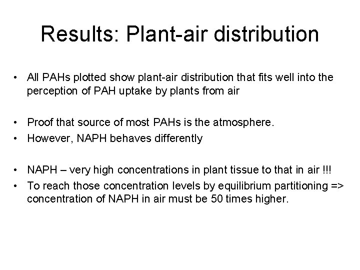 Results: Plant-air distribution • All PAHs plotted show plant-air distribution that fits well into