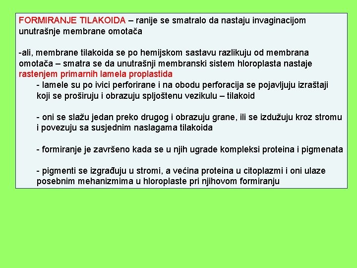 FORMIRANJE TILAKOIDA – ranije se smatralo da nastaju invaginacijom unutrašnje membrane omotača -ali, membrane