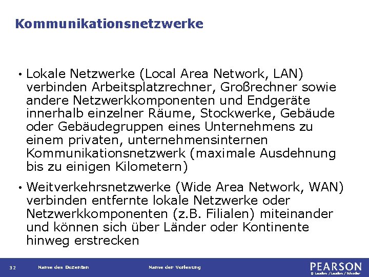 Kommunikationsnetzwerke 32 • Lokale Netzwerke (Local Area Network, LAN) verbinden Arbeitsplatzrechner, Großrechner sowie andere