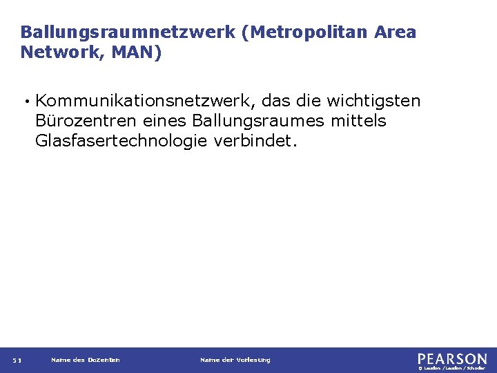 Ballungsraumnetzwerk (Metropolitan Area Network, MAN) • 51 Kommunikationsnetzwerk, das die wichtigsten Bürozentren eines Ballungsraumes