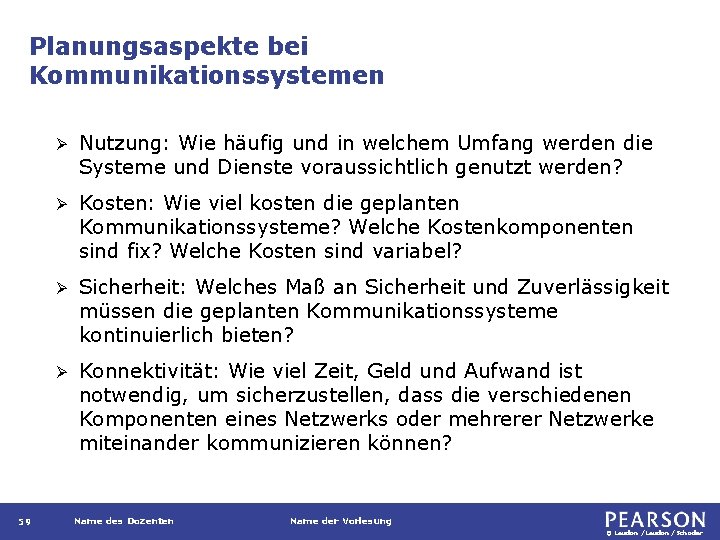 Planungsaspekte bei Kommunikationssystemen 59 Ø Nutzung: Wie häufig und in welchem Umfang werden die