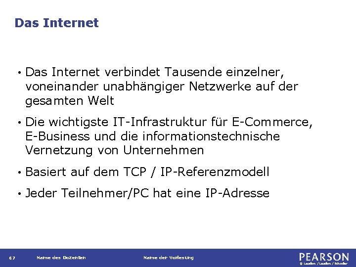 Das Internet 67 • Das Internet verbindet Tausende einzelner, voneinander unabhängiger Netzwerke auf der