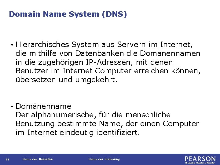 Domain Name System (DNS) 69 • Hierarchisches System aus Servern im Internet, die mithilfe
